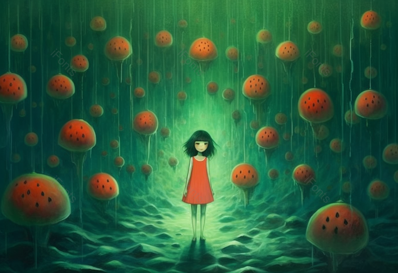 雨天潮湿森林蘑菇女孩站着悲伤伤感户外植物插画,插画/手绘图,插画/手绘图库,插画/手绘图下载,插画/手绘